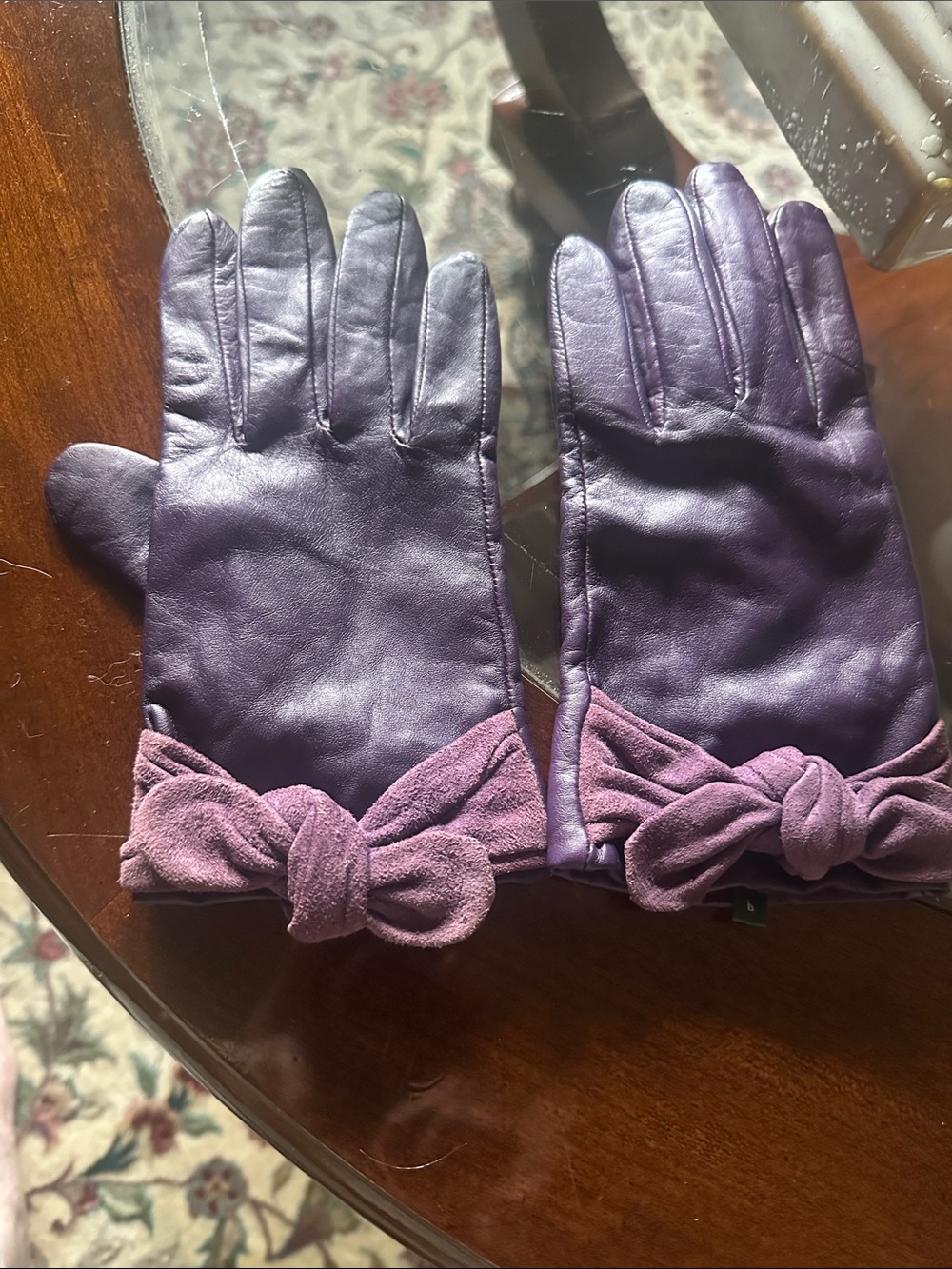 Lauren Ralph Lauren Purple Leather Gloves with Suede Bow Trim